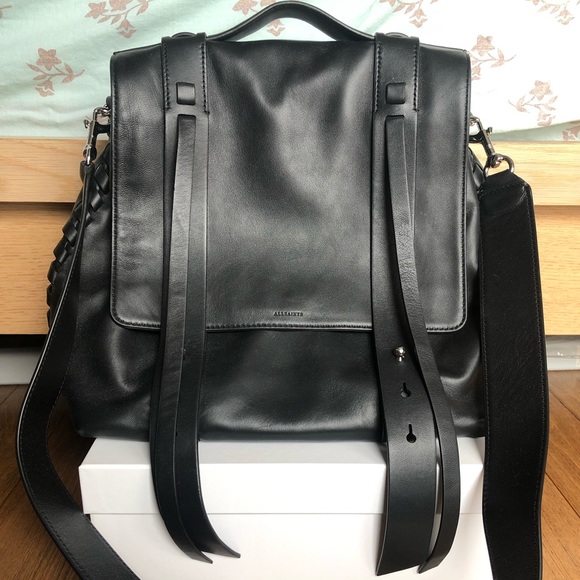 all saints black leather backpack